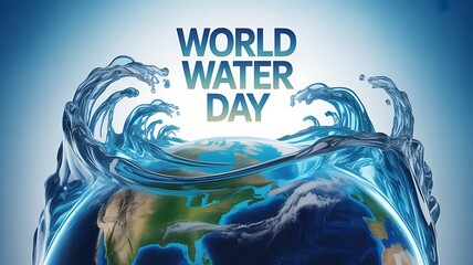 Blue water waves surrounding a globe with Water Day text
