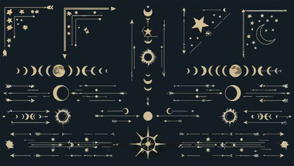 Golden Esoteric Celestial Vector Elements Set of Moon Phases, Stars, Sun, and Decorative Corners isolated PNG with Transparent Background