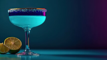 Classy cyan cocktail in coupe glass with dark blue rim on velvet green background