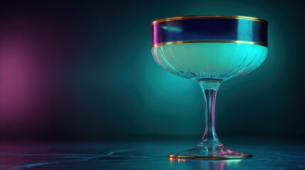 Classy cyan cocktail in coupe glass with dark blue rim on velvet green background