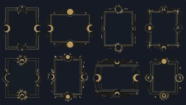 Set of Celestial Mystical Frames and Borders with Moon Phases and Gold Line Art Vector Illustration