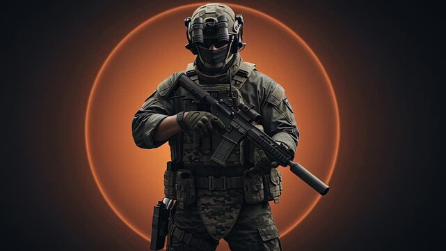 Elite Special Forces Soldier in Tactical Gear with Rifle Against Fiery Orange Circle.