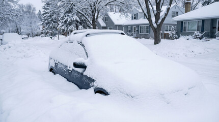 Car covered in heavy snow on suburban street in winter  
