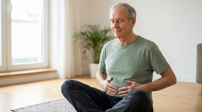 Elderly man practicing breathing exercises while sitting on a mat   - Powered by Adobe