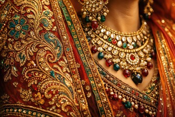 Ornate bridal attire adorned with intricate golden embroidery and colorful jewels symbolizing heritage craftsmanship and cultural richness in the art of traditional fashion