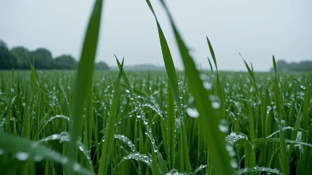 Lush Green Field with Dew Drops Rain Water Nature Landscape Agriculture Farming Crop Growing Rural Countryside Scenic Background Stock Video Footage for Commercial Use