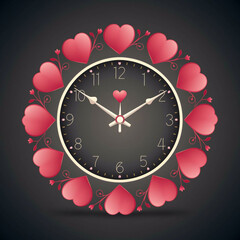 Decorative wall clock with a large red heart face and a frame of smaller hearts