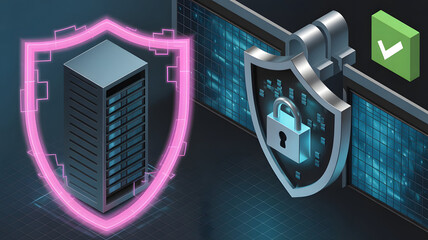 Secure Data Center Server Protection with Isometric Shield and Lock Icon Vector Graphics Illustration