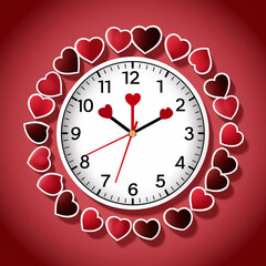Decorative wall clock with a large red heart face and a frame of smaller hearts