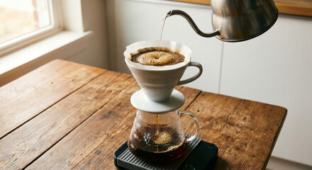 Pouring Hot Water from Gooseneck Kettle into V60 Coffee Dripper