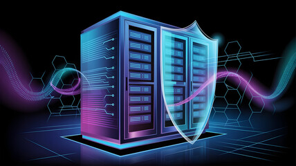 Secure Server Cabinet Illustration with Shield Icon and Neon Lights Isometric Vector Graphic Representation