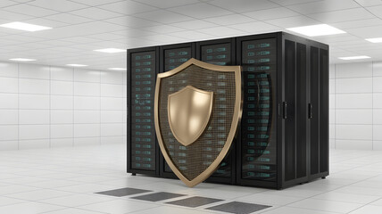 Secure Server Cabinet with Gold Shield Icon in Modern Data Center Facility ...