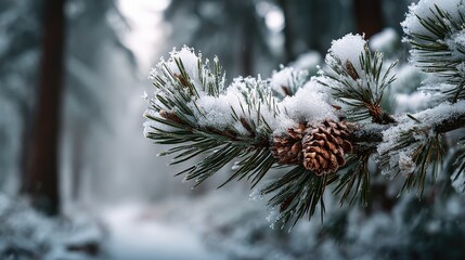 Macro of snow-covered pine branch with ice crystals on white background, winter purity
