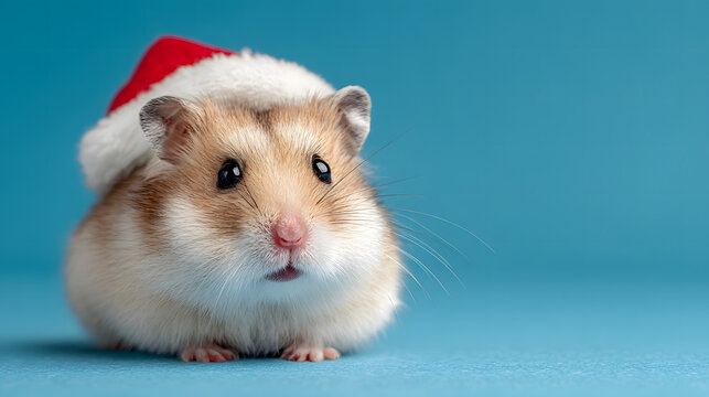 Cute hamster in a Santa hat on a clean blue background, space for text - Powered by Adobe