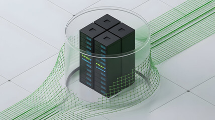 Secure Server Infrastructure Isometric 3D Rendering with Protective Glass Enclosure and Green Grid Network