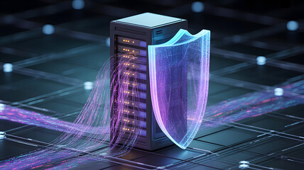 Secure Server Protection Concept with Glowing Purple Shield and Neon Grid Background Illustration