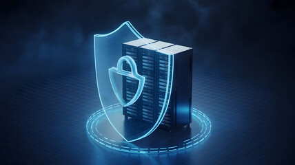 Secure Server Protection Concept with Neon Shield and Padlock Icon on Dark Blue Background
