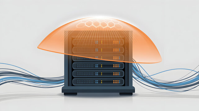 Secure Server Protection Concept with Orange Shield and Blue Data Streams Vector Illustration