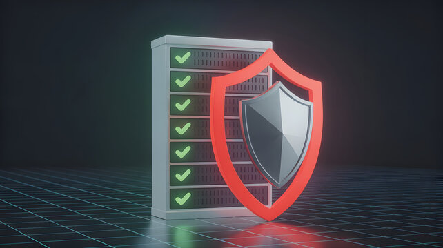 Secure Server Protection Concept with Red Shield and Green Checkmarks on Dark Grid Background Illustration