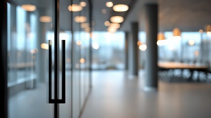 Sharp glass door edge in minimalist office with blurred background and bokeh lights