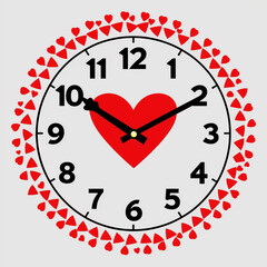 Decorative wall clock with a large red heart face and a frame of smaller hearts