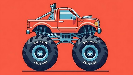 Illustration of a classic orange monster truck with large tires.