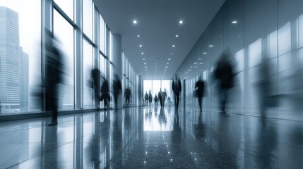 Motion blur of business people walking in modern office corridor with reflective floor