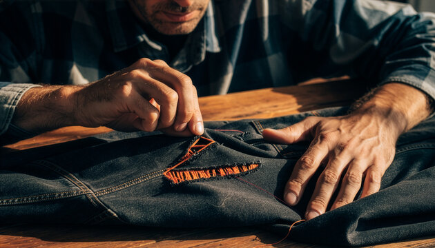 Man's hands mending dark denim garment with orange thread