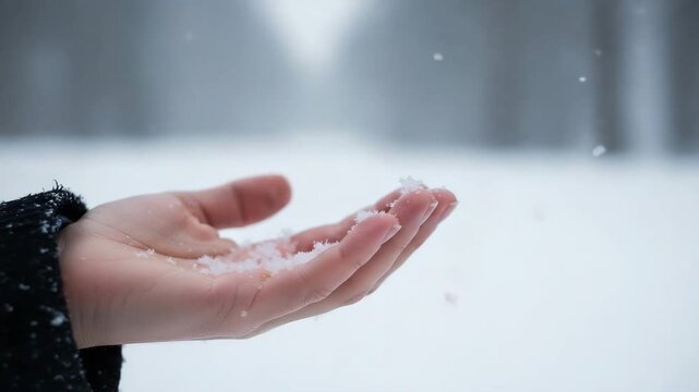 Hand catching snowflakes in winter landscape with blurred trees  