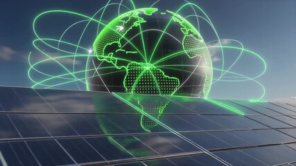 Solar energy panels close up reflecting sky with glowing digital globe earth network background clean energy sustainability and renewable power concept animation.