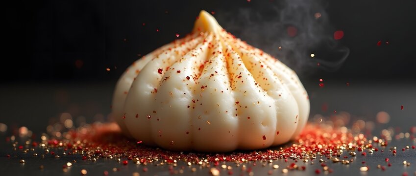 Ravioli "xiao long bao" fumantes saupoudr&eacute;es d'&eacute;pices rouge vif et dor&eacute;es sur un fond noir