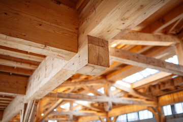 Exposed timber frame construction beams joining ceiling structure
