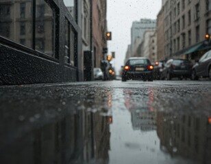Obraz premium Reflektierender nasser Gehweg auf einer Stadtstraße bei Regen mit Lichtern und Gebäuden im Hintergrund