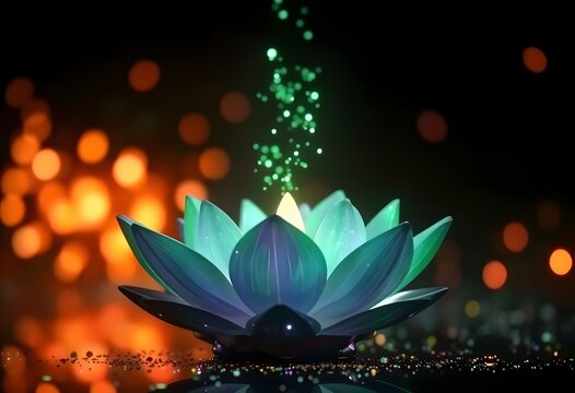 Fleur de lotus mystique verte rayonnant d'une &eacute;nergie lumineuse bleu sarcelle et turquoise sur un fond sombre avec effet bokeh.