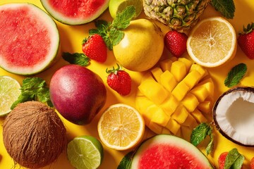 Assortment of fresh fruits watermelon, mango, strawberry, coconut, lime, lemon, pineapple, and mint leaves, all on a yellow background
