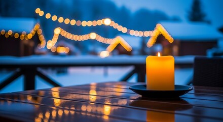 Festive outdoor winter scene featuring a lit candle on a dark plate, soft bokeh fairy lights, and snowy cottages in a peaceful twilight atmosphere