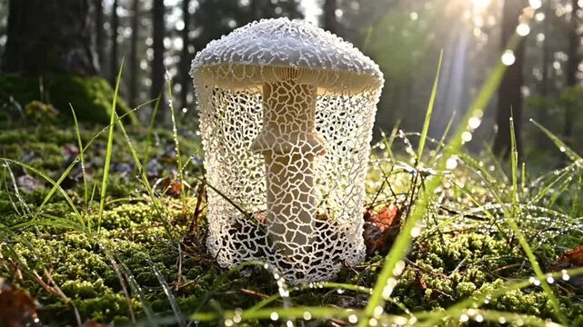 Unique Phallus Impudicus mushroom with a delicate lattice structure in the forest with sun rays