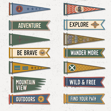 Collection of vintage style pennant banners with adventure and outdoor themes