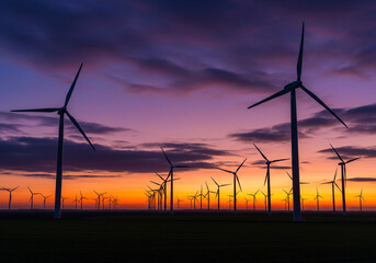Wind turbines generating clean energy at vibrant sunset