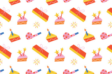 Bright birthday party pattern in cute doodle style. Cake slices with candles, gifts, party blowers and confetti create a playful childlike mood for kids design, wrapping paper, cards and festive decor