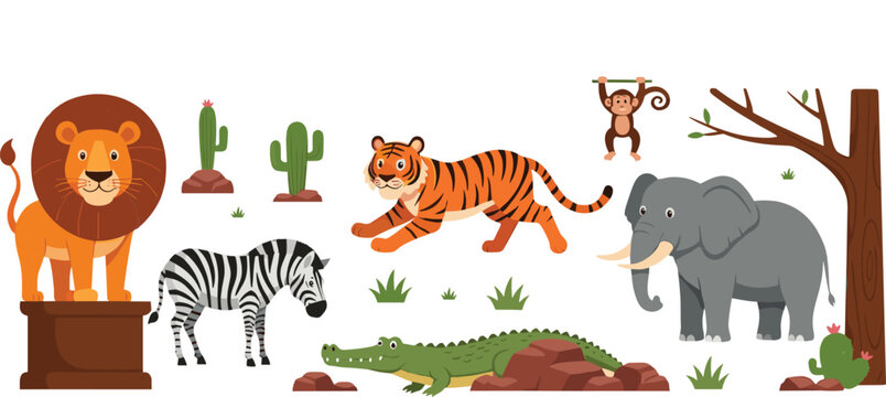 Cute cartoon jungle and safari animals set with lion tiger elephant zebra crocodile monkey cactus trees vector illustration isolated on white background