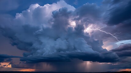 Epic Supercell Thunderstorm with Brilliant Lightning and Heavy Rain Shafts at Sunset