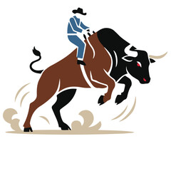 Vector illustration of a rodeo cowboy riding a powerful bucking bull. 