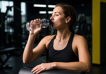 Woman drinking water after workout at gym, hydration and fitness lifestyle concept