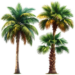 Fototapeta premium Two vibrant palm trees with varying shades of green leaves and brown trunks