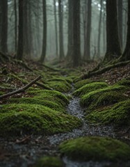 Fototapeta premium Mystischer Waldweg im Nebel – Grüne Natur mit Moos und feuchtem Boden