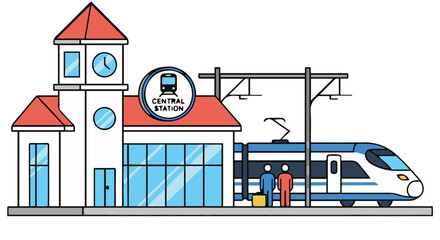 Vector illustration of a modern central railway station building featuring a high-speed electric train, passengers waiting on the platform with luggage, and overhead power lines in a flat line art sty © AI illustration 