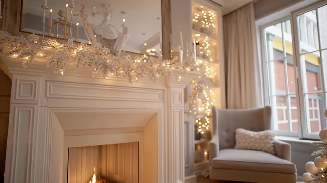 Luxury Christmas living room with a decorated tree, fireplace, and warm lights in white colors. Slow camera pan reveals elegant decor and gifts. For winter greetings, lifestyle stories, and banners.