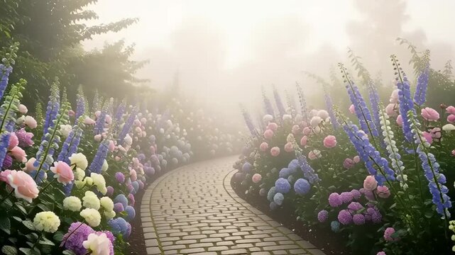 Enchanting Garden Path Lined with Vibrant Flowers in Morning Mist.
