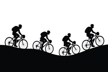 Obraz premium A silhouette depiction of four cyclists riding bicycles in a line against a stark white background showing movement